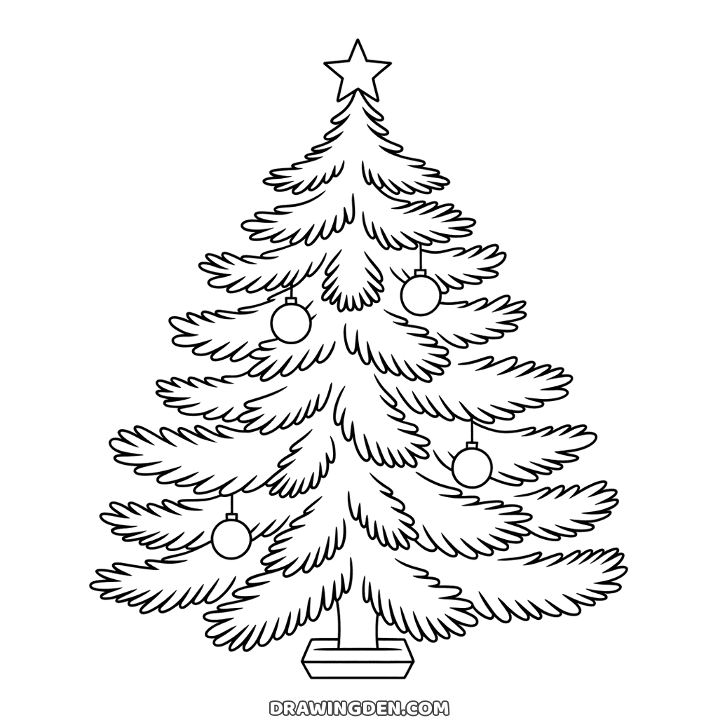 Sapin de Noël réaliste à imprimer gratuitement, feuillage détaillé et boules suspendues