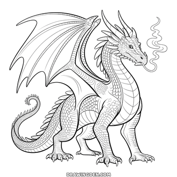 Realistic dragon standing on four legs with membrane wings, scaled hide and a ridge of spines along its back