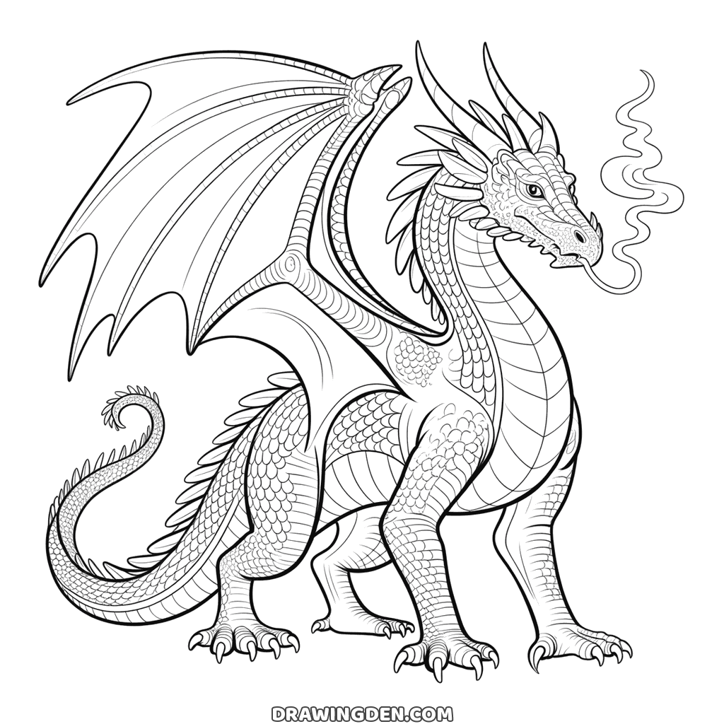 Realistic dragon standing on four legs with membrane wings, scaled hide and a ridge of spines along its back