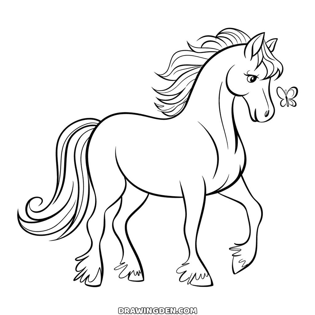 Realistic horse drawing at a walk with a long flowing mane and tail and a butterfly in front of its muzzle, detailed page