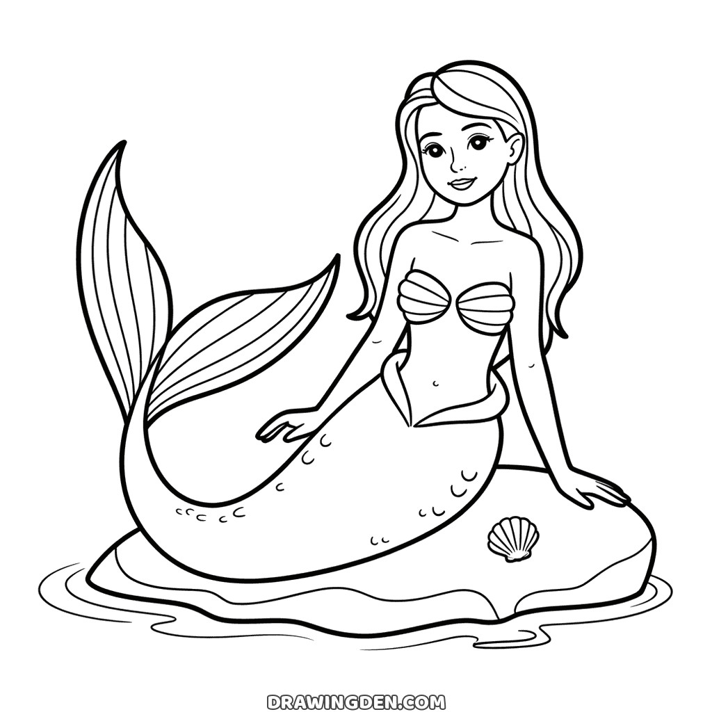 Realistic mermaid drawing at true proportions resting on a rock, hair drawn strand by strand and a scaled tail