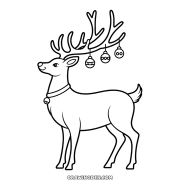 Christmas reindeer standing side on with its head raised, three baubles hanging from its antlers and a bell on its collar