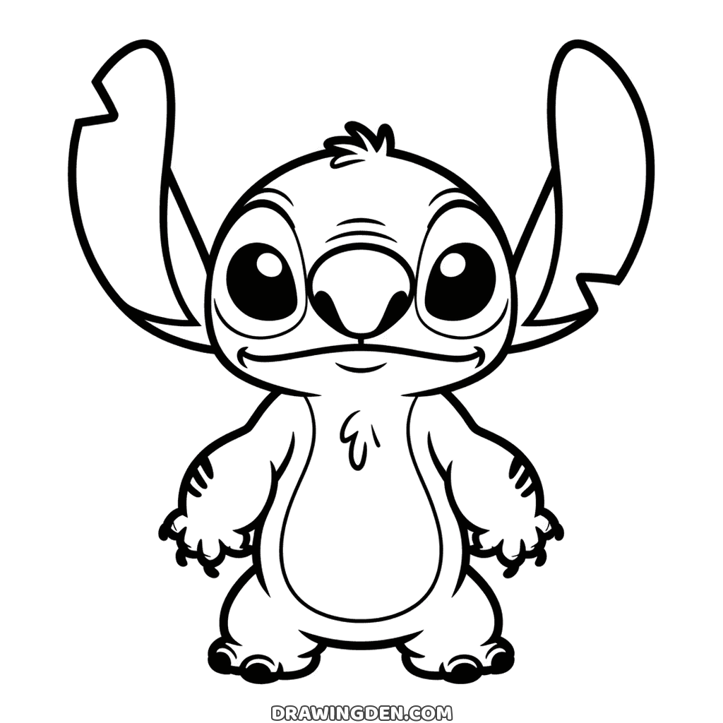 Realistic Stitch standing square on all fours with the fur texture and claws drawn in detail, page for older children