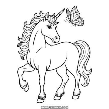 Free realistic unicorn coloring page to print, a horse like unicorn with a flowing mane and a butterfly