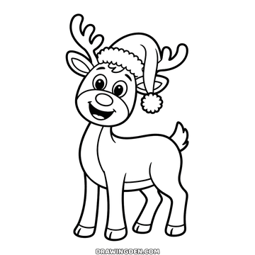 Cartoon Christmas reindeer standing on four legs with a Santa hat tipped between its antlers and a big round nose