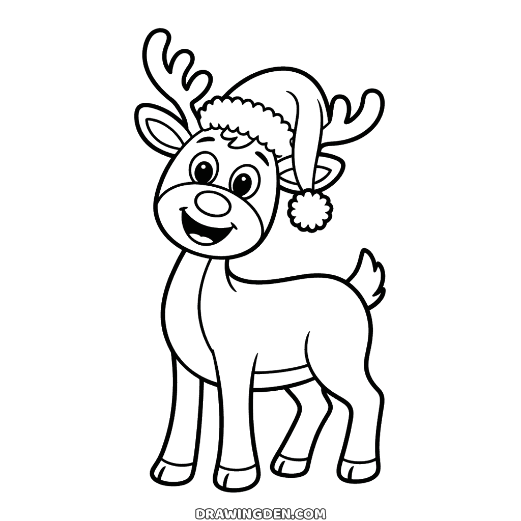 Cartoon Christmas reindeer standing on four legs with a Santa hat tipped between its antlers and a big round nose