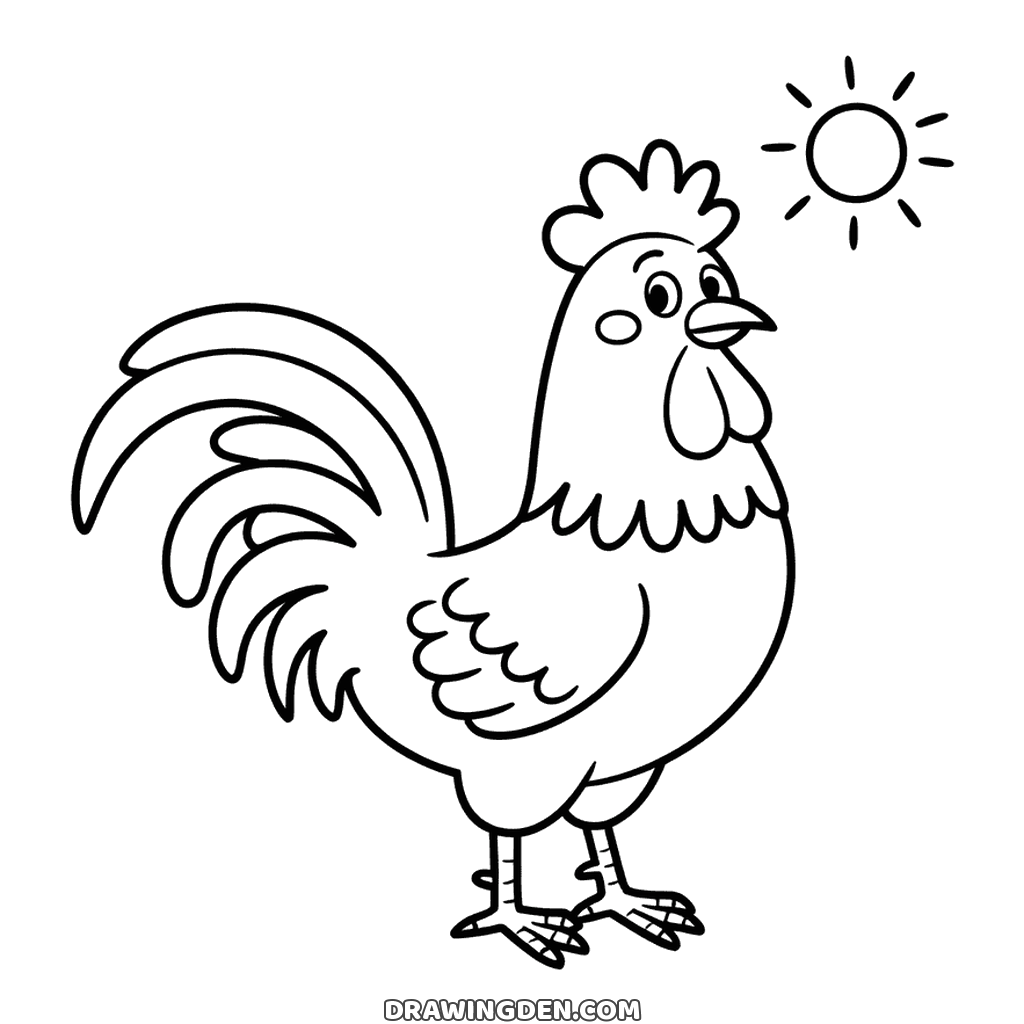 Farm rooster standing with a tall comb, a wattle and long curved tail feathers, a small sun shining in the corner