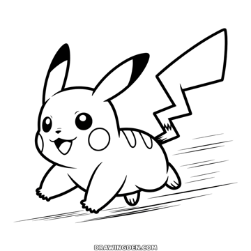 Pokémon Pikachu running forward low to the ground with an open smile, the stripes on his back showing and speed lines streaming behind him