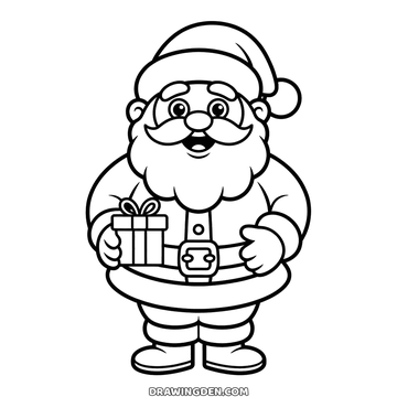 Cartoon Santa at Christmas standing with a wrapped present tucked in one arm and his other hand on his belly