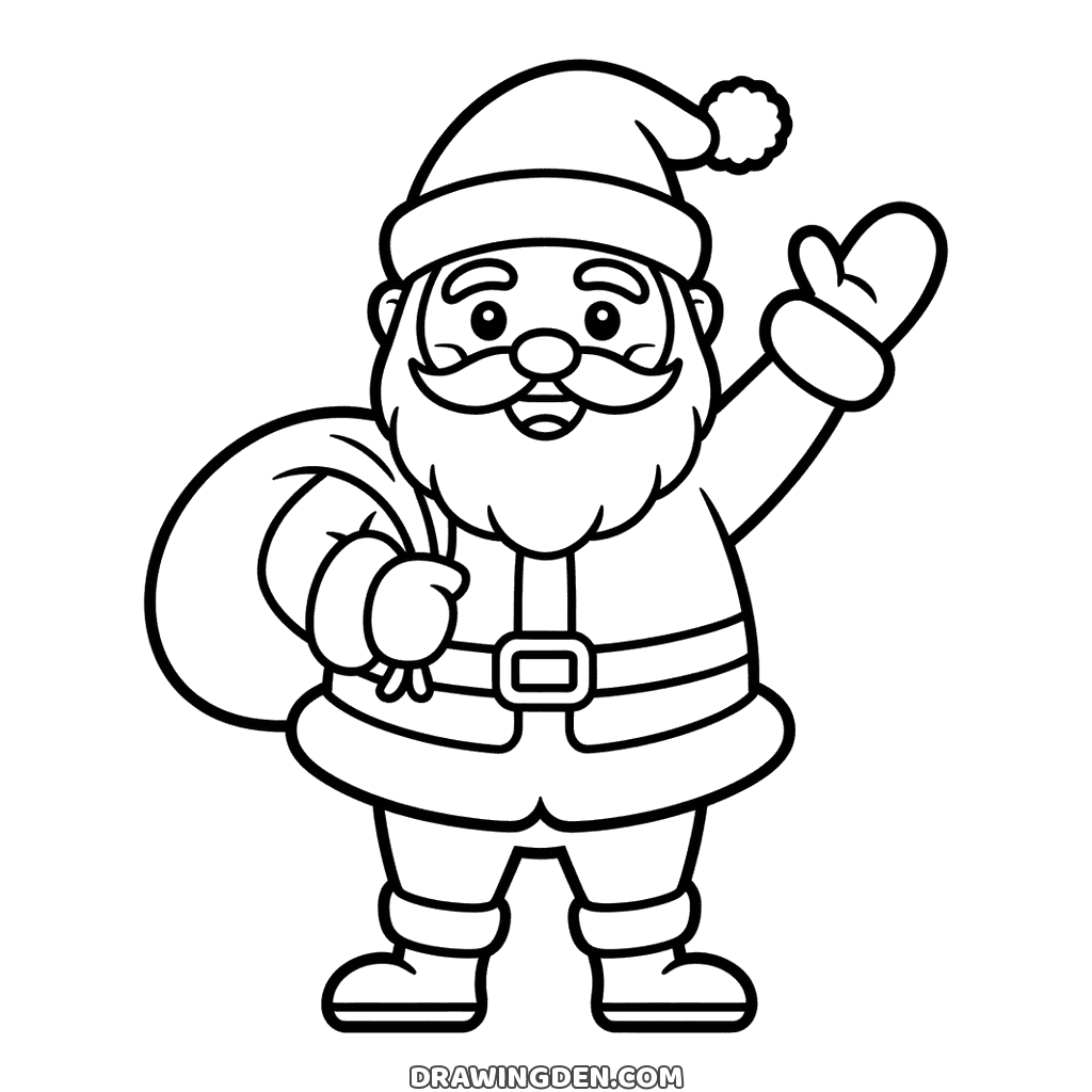Christmas Santa Claus standing with a full sack over one shoulder and the other arm raised in a wave, belt buckle and boots