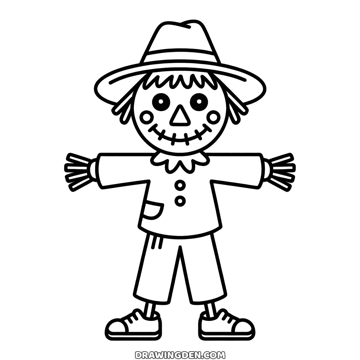 Smiling fall scarecrow with a straw hat, a buttoned shirt with a pocket, straw sticking out of its sleeves and arms spread out