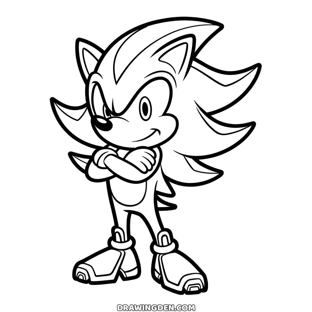Shadow the Hedgehog from the Sonic games standing with his arms crossed, a smirk, upswept quills and his hover shoes