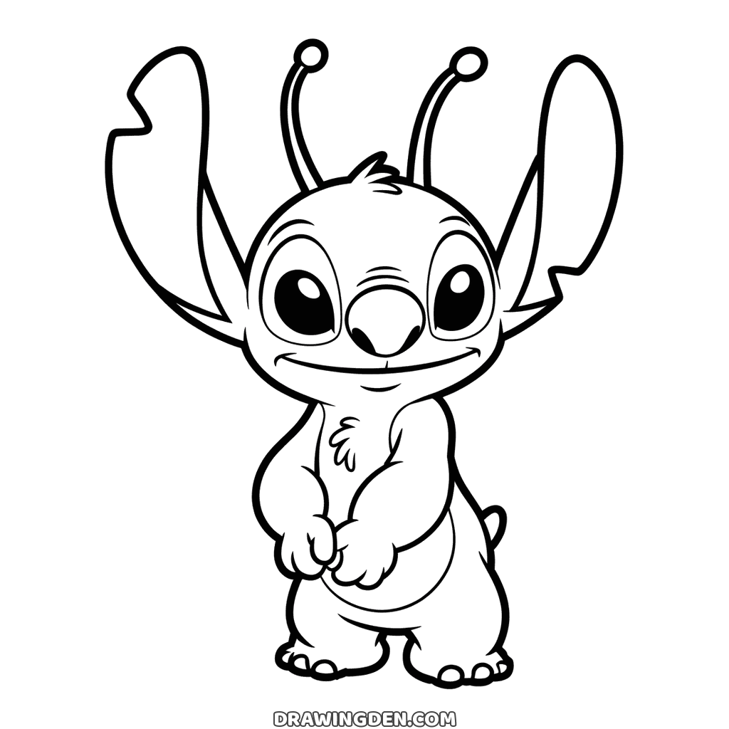 Shy Angel from Lilo and Stitch standing with her paws clasped low and her two antennae raised, easy printable drawing