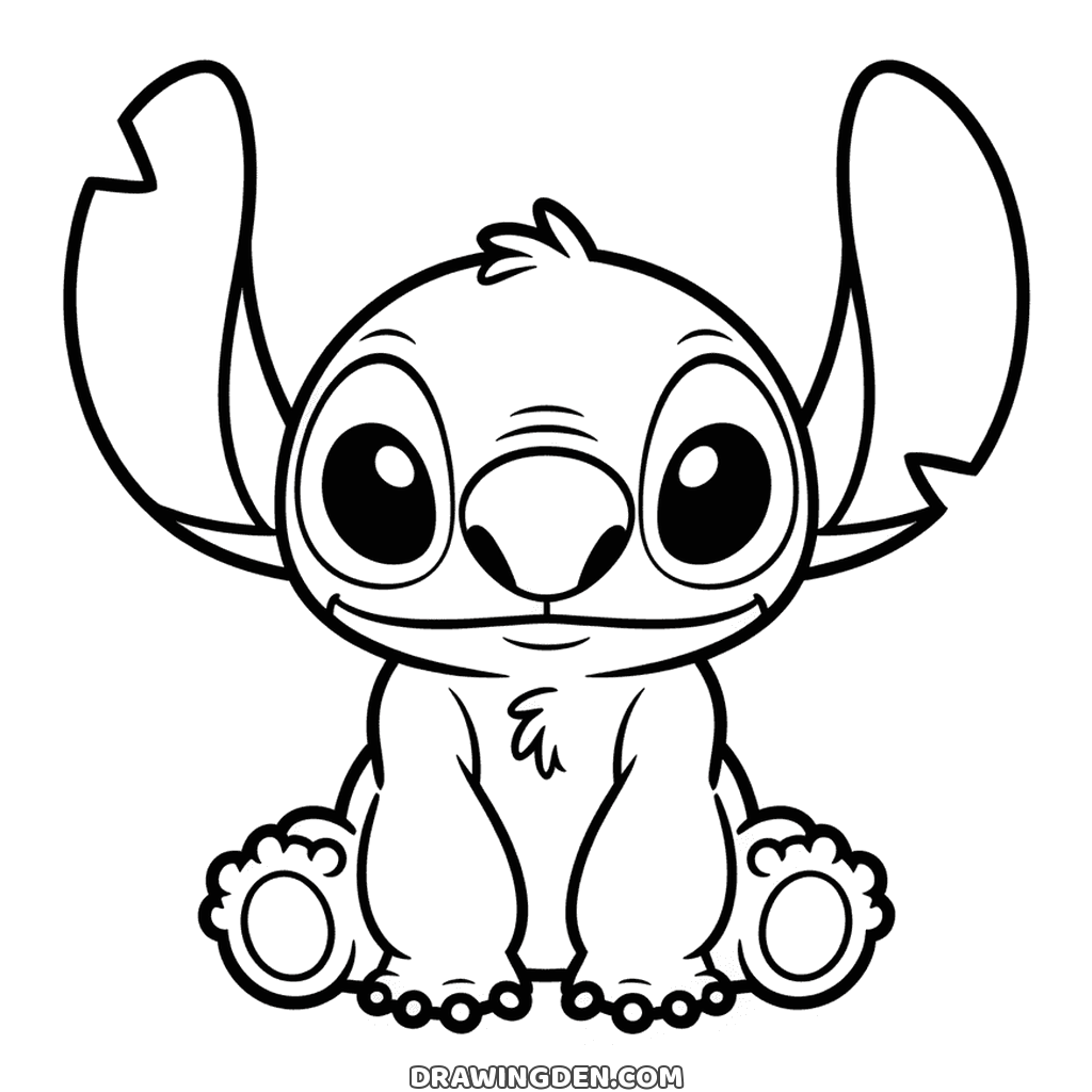 Simple Stitch sitting upright with his paws at his sides, a plain outline for very young children