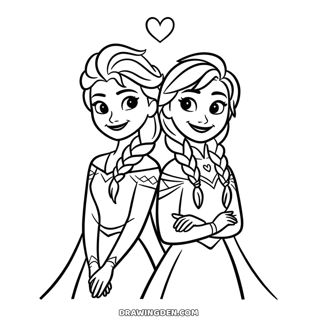 Sisters Elsa and Anna standing close together, Anna with crossed arms, a small heart above their heads