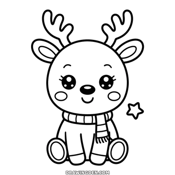 Cute Christmas reindeer sitting with round antlers, a striped scarf and a small star floating beside it