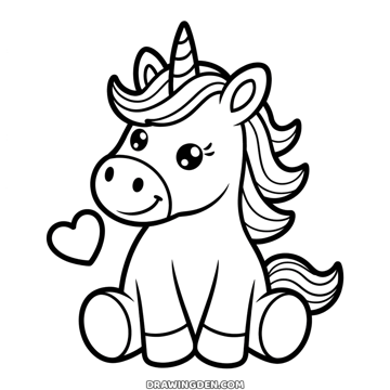 Cute baby unicorn sitting with big eyes and a curly mane, a heart beside it