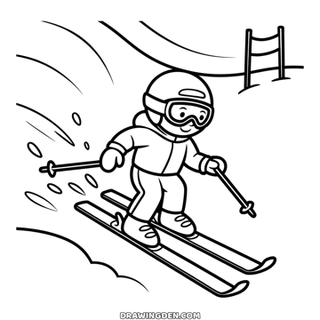 Child skiing down a snowy winter slope in a helmet and goggles, poles in hand, snow spraying behind
