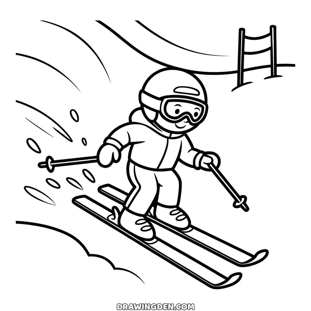Child skiing down a snowy winter slope in a helmet and goggles, poles in hand, snow spraying behind