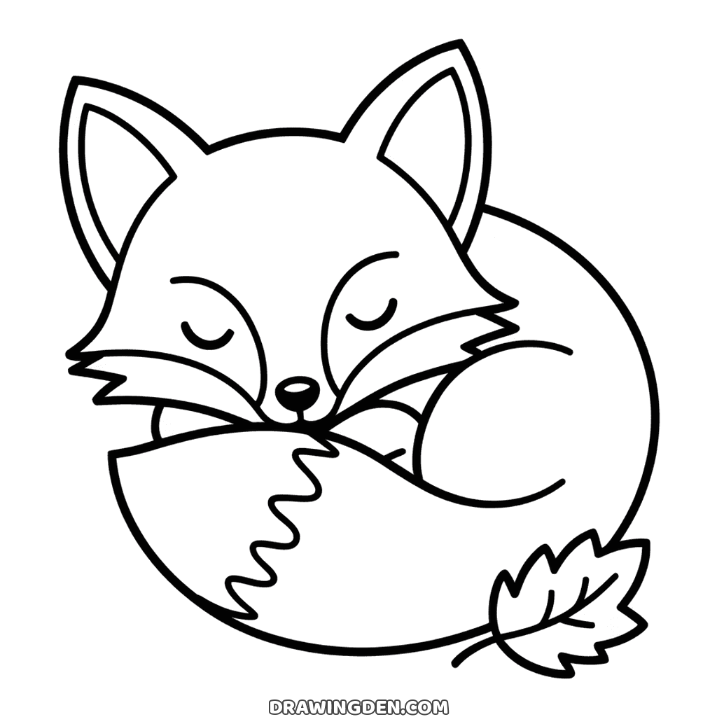 Fox curled up asleep with its eyes closed and its bushy tail wrapped around, a fall leaf beside it