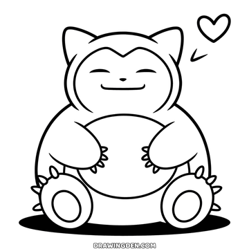 Sleeping Snorlax drawing sitting up with closed eyes and both paws on its belly, easy Pokémon page to print