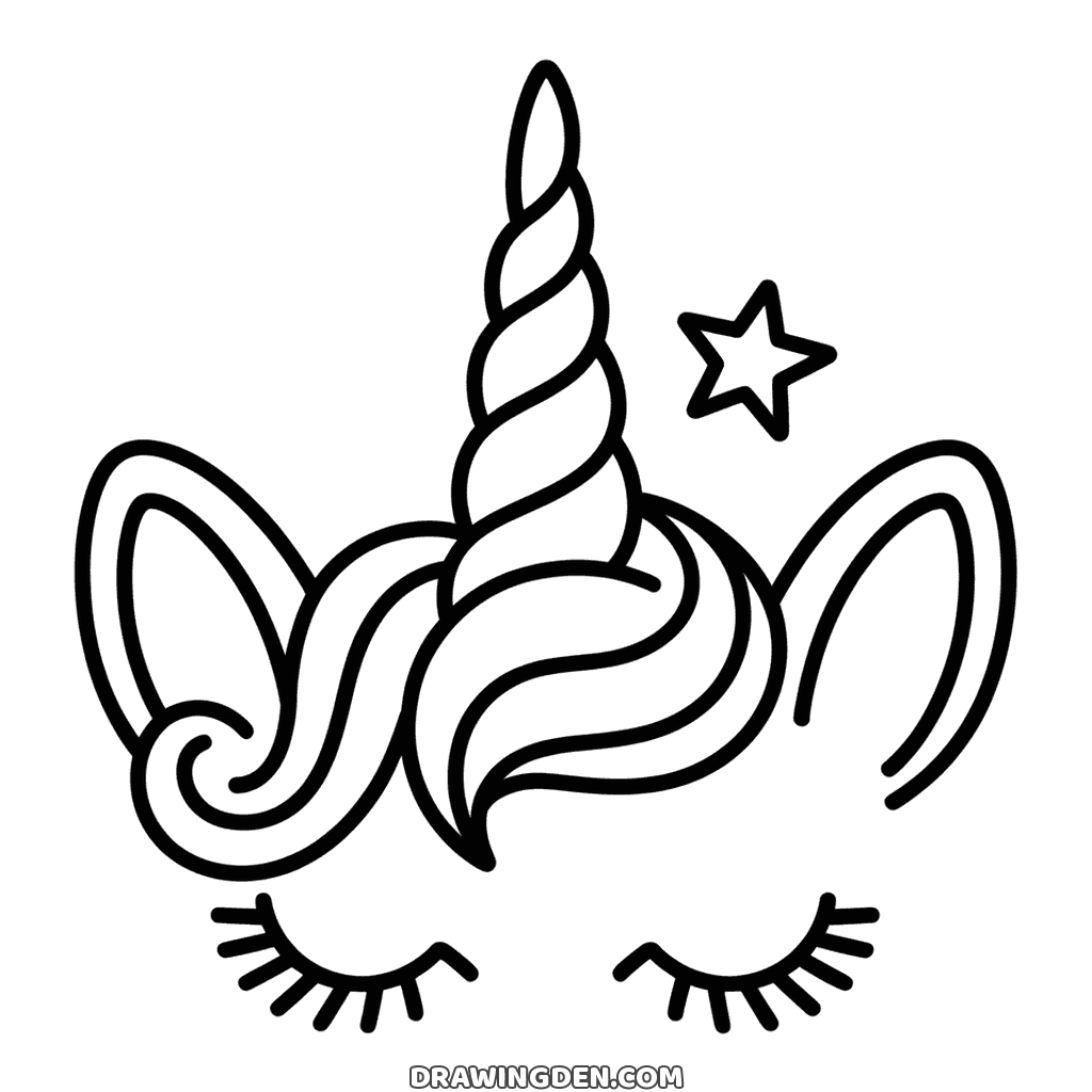 Sleepy unicorn face with closed eyes and long lashes, a spiral horn, swirl of mane and two ears