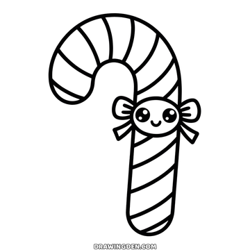 Smiling Christmas candy cane with diagonal stripes along its curve and a bow tied across the stem, a small kawaii face on the bow
