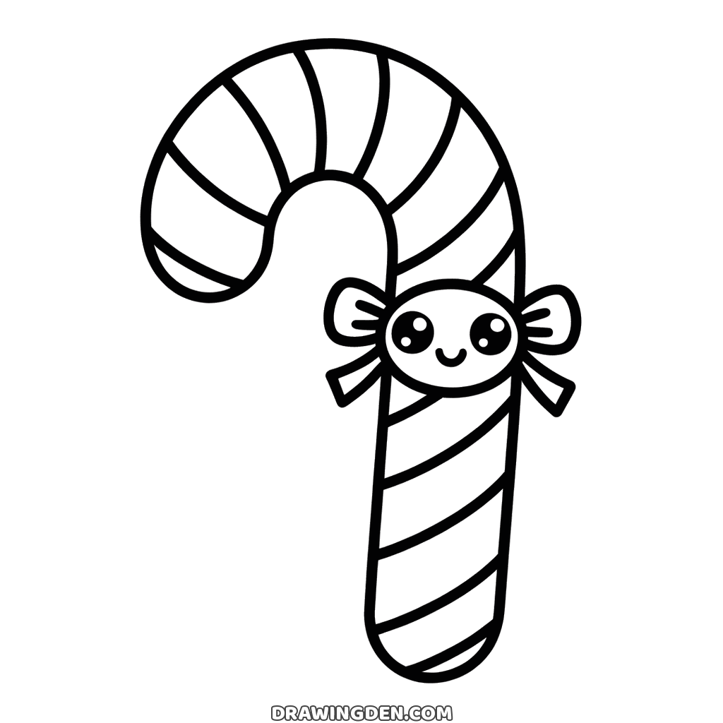 Smiling Christmas candy cane with diagonal stripes along its curve and a bow tied across the stem, a small kawaii face on the bow