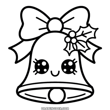 Smiling Christmas bell with two big lashed eyes and a small smile under a wide bow, holly leaves at one side