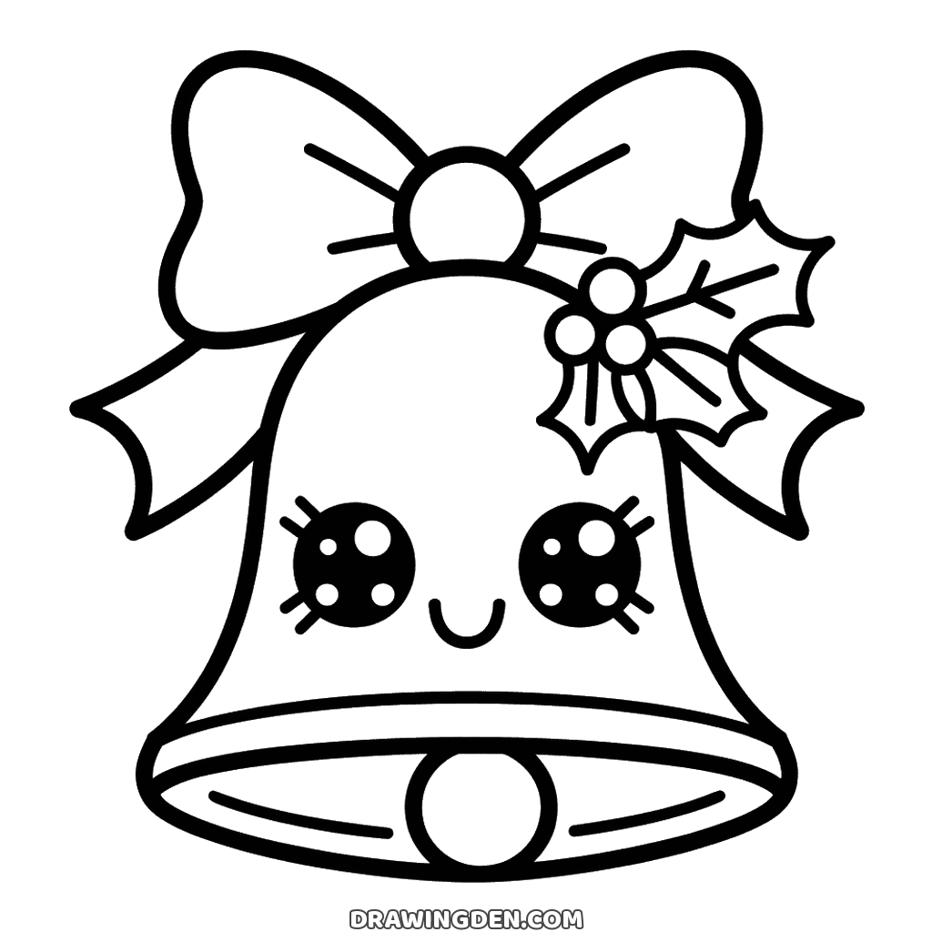 Smiling Christmas bell with two big lashed eyes and a small smile under a wide bow, holly leaves at one side