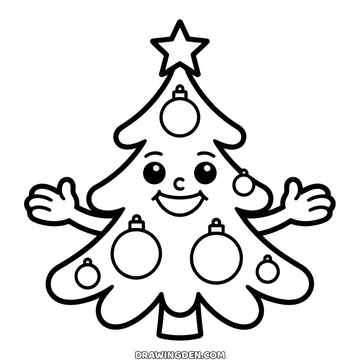 Smiling Christmas tree with two eyes, an open smile, branches held out like arms and baubles down its front