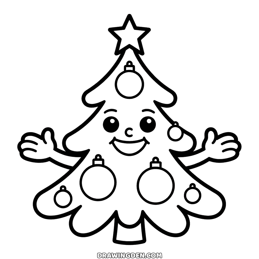 Smiling Christmas tree with two eyes, an open smile, branches held out like arms and baubles down its front