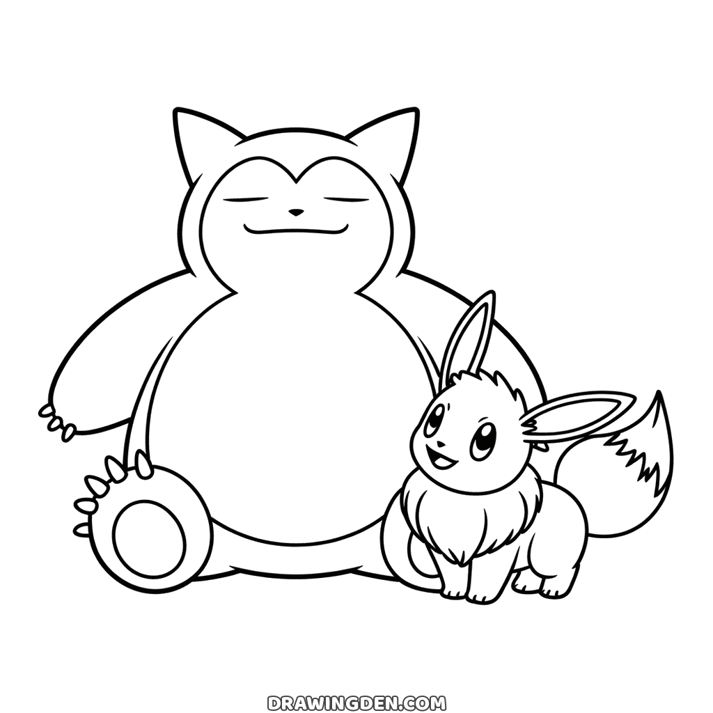 Pokémon Snorlax sitting with his eyes closed and a calm smile, small Eevee sitting beside his round belly and looking up with an open smile