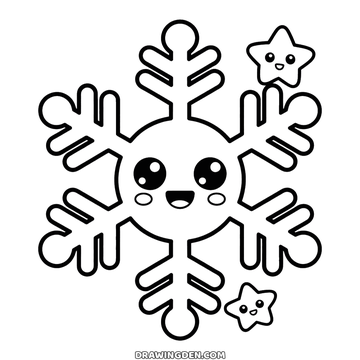 Smiling Christmas snowflake with six branching arms, two big eyes and two small stars floating at its corners