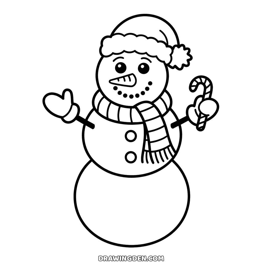 Christmas snowman in a Santa hat and striped scarf holding a candy cane in one mitten, with buttons down the front
