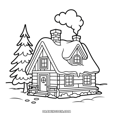 Log cottage in winter with snow heaped on the roof, smoke curling from the chimney and pine trees beside it