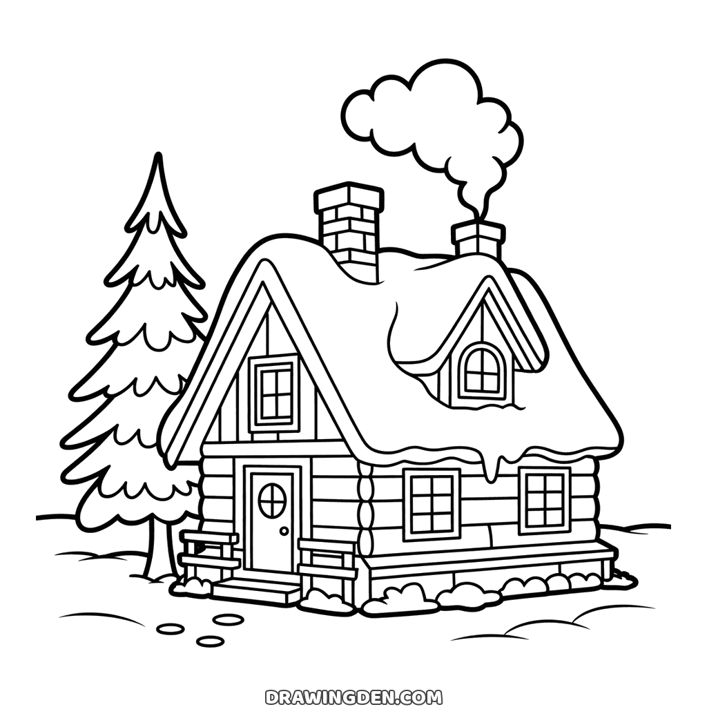 Log cottage in winter with snow heaped on the roof, smoke curling from the chimney and pine trees beside it