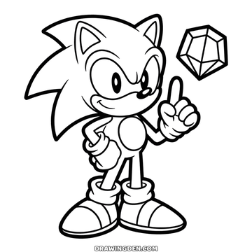 Sonic with one finger raised and a hand on his hip, a faceted Chaos Emerald floating beside him