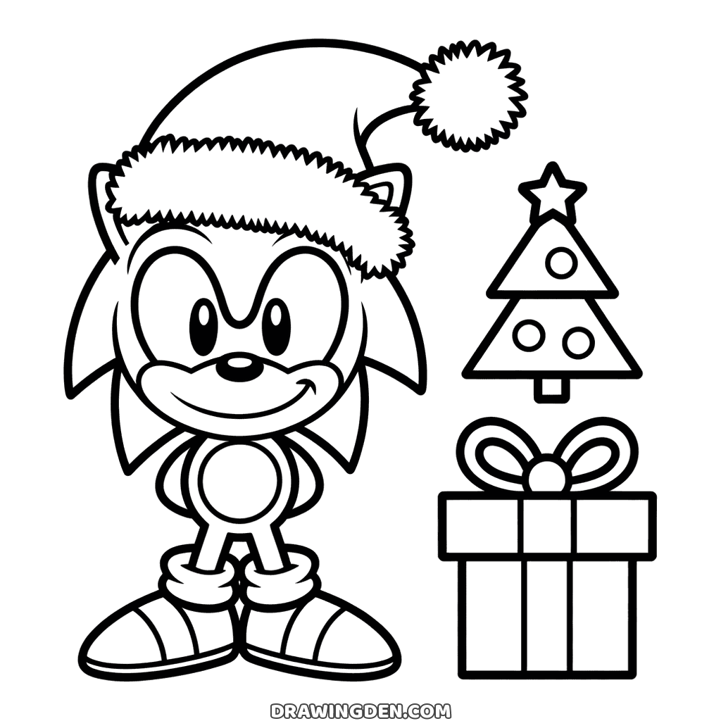 Sonic wearing a Santa hat with a fluffy pompom, standing beside a small Christmas tree with a star and a wrapped gift