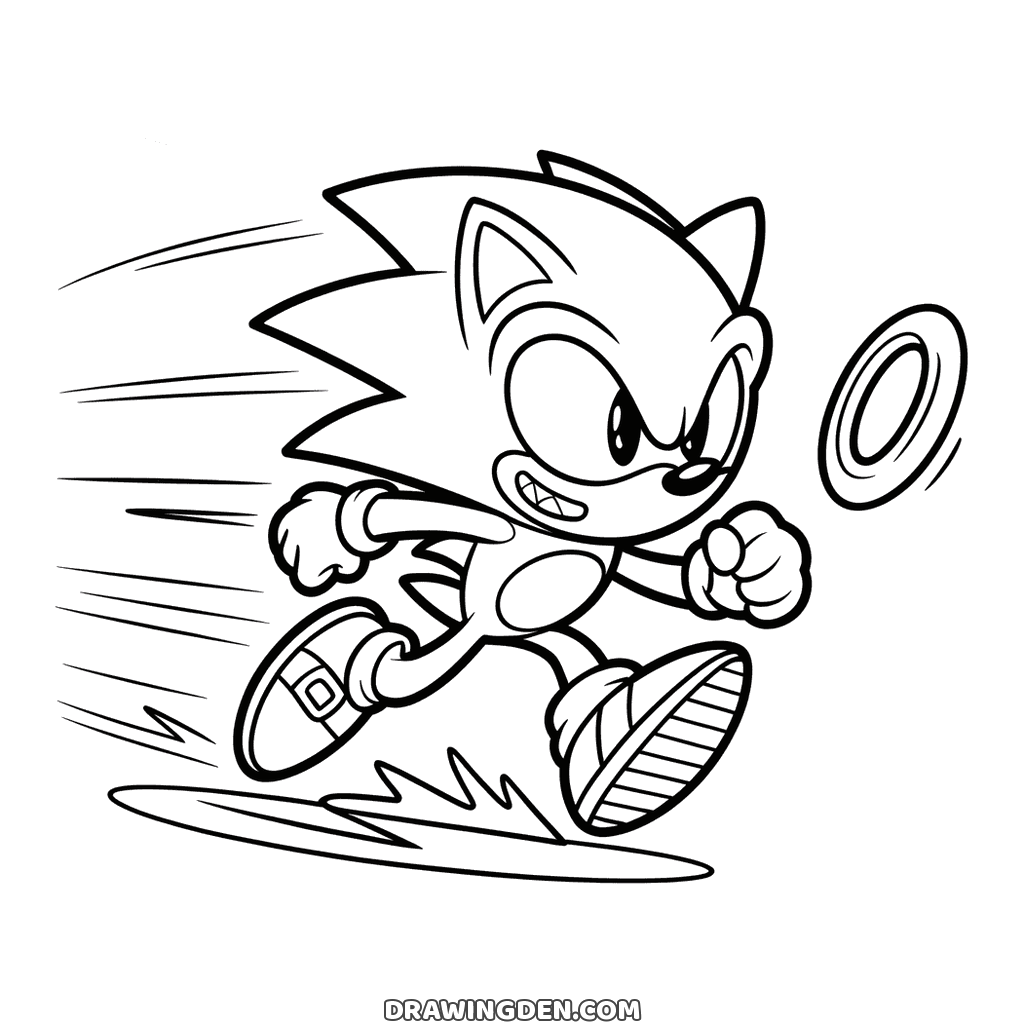 Sonic dashing at full speed toward a ring, gritted teeth, speed lines behind him and sparks under his sneakers