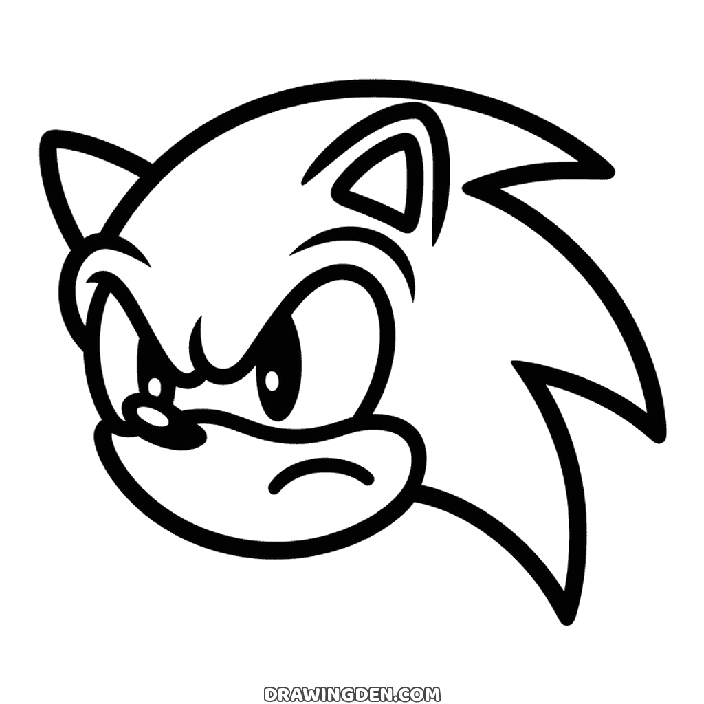 Sonic's face in three-quarter profile with a frown, narrowed eyes and his blue spines swept back behind his head