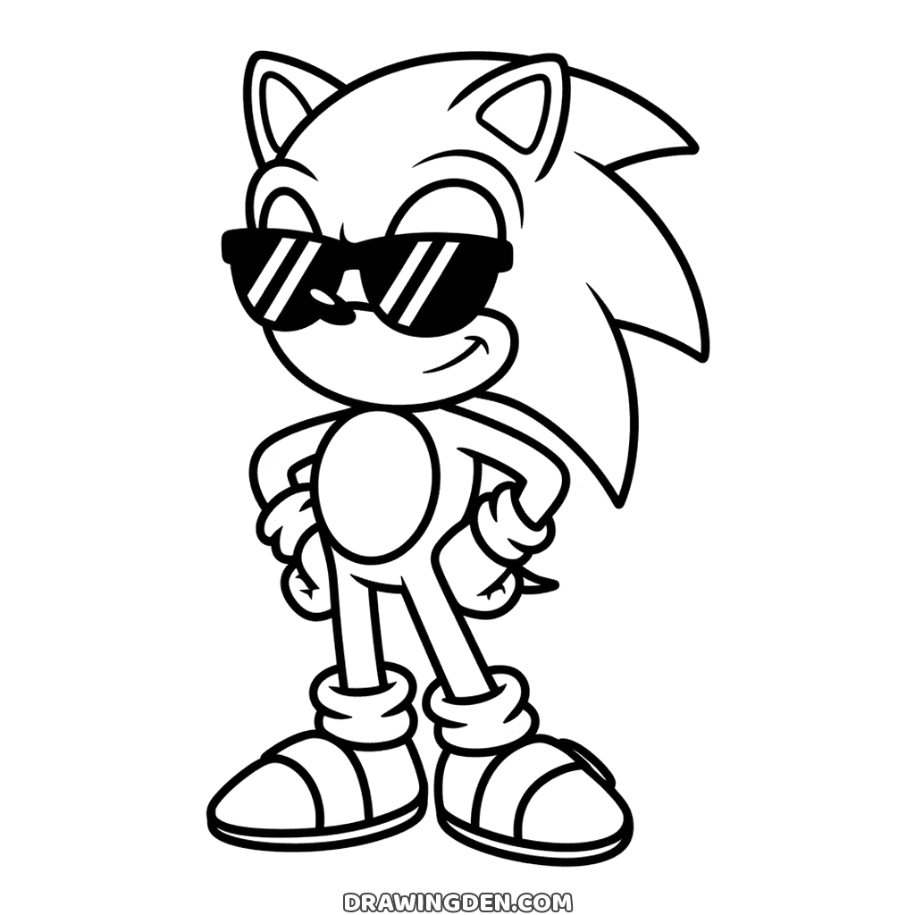 Cool Sonic wearing black sunglasses with a smirk, both hands on his hips and his spines swept back