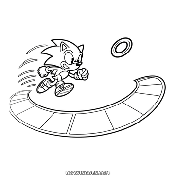 Sonic racing along a curved track toward a floating ring, motion lines trailing behind him