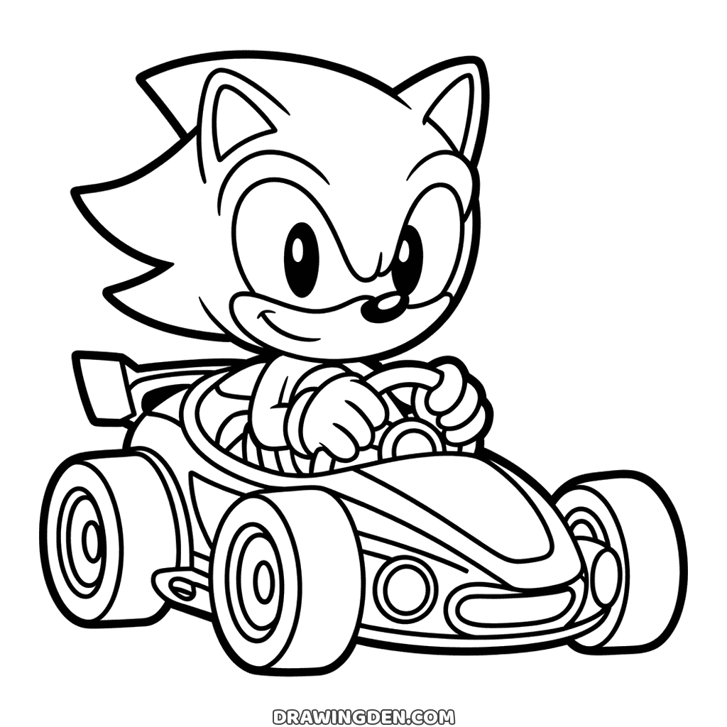 Sonic driving a race car with big wheels, a round headlight and a spoiler at the back, both hands on the wheel