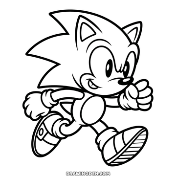 Sonic running in mid stride, one fist pumping forward and the striped sole of his front sneaker turned toward you