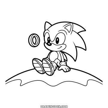 Sonic sitting on top of a round hill, leaning back on one hand, with a ring floating in front of him