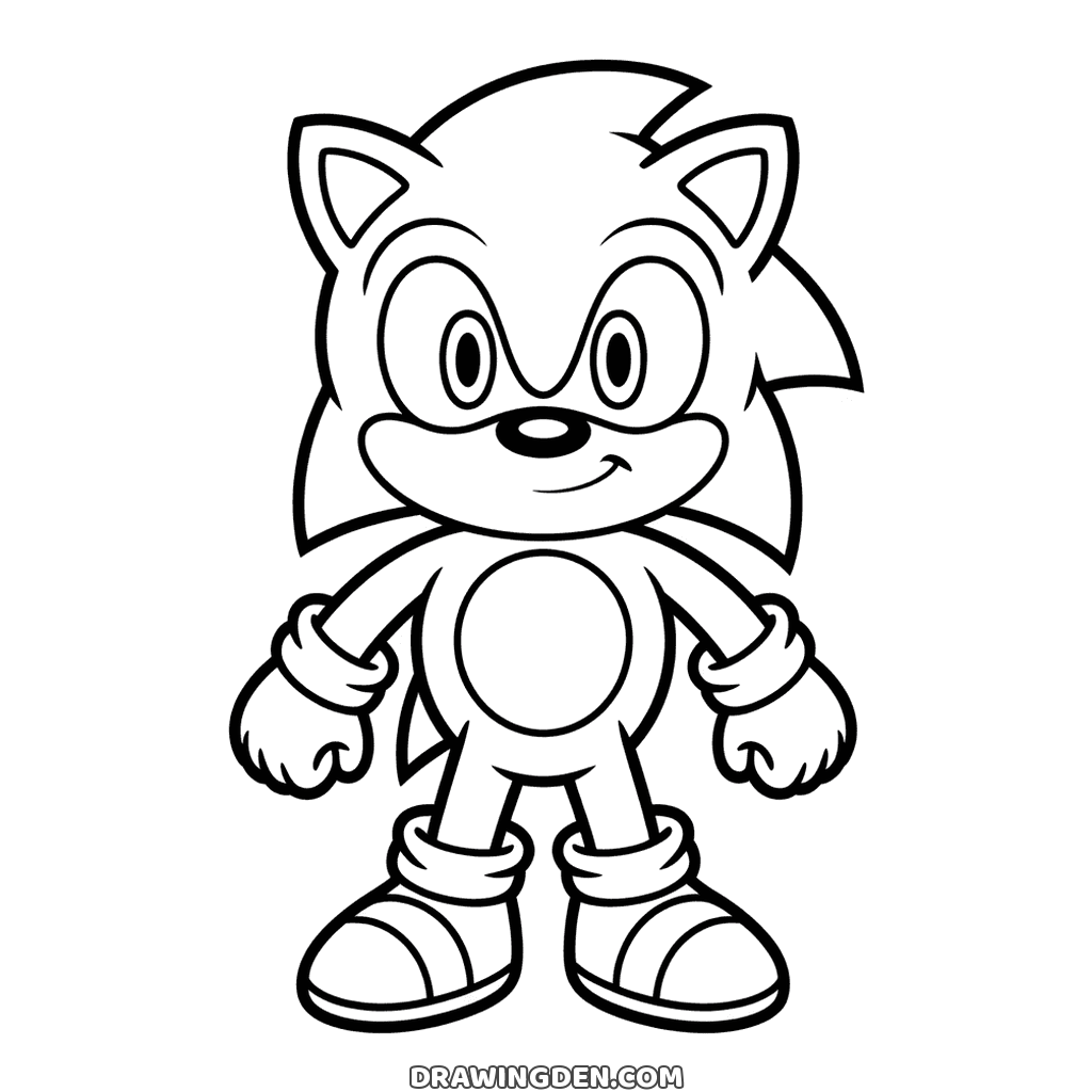 Sonic the Hedgehog standing face on with a small smile, gloved fists at his sides and big sneakers planted apart