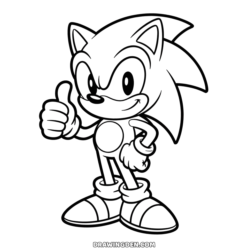 Sonic smiling with one thumb raised and his other hand on his hip, standing on big sneakers