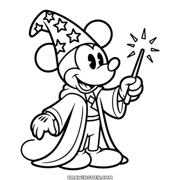 Sorcerer Mickey from Fantasia wearing a tall pointed hat covered in stars and a long robe, holding a sparkling magic wand