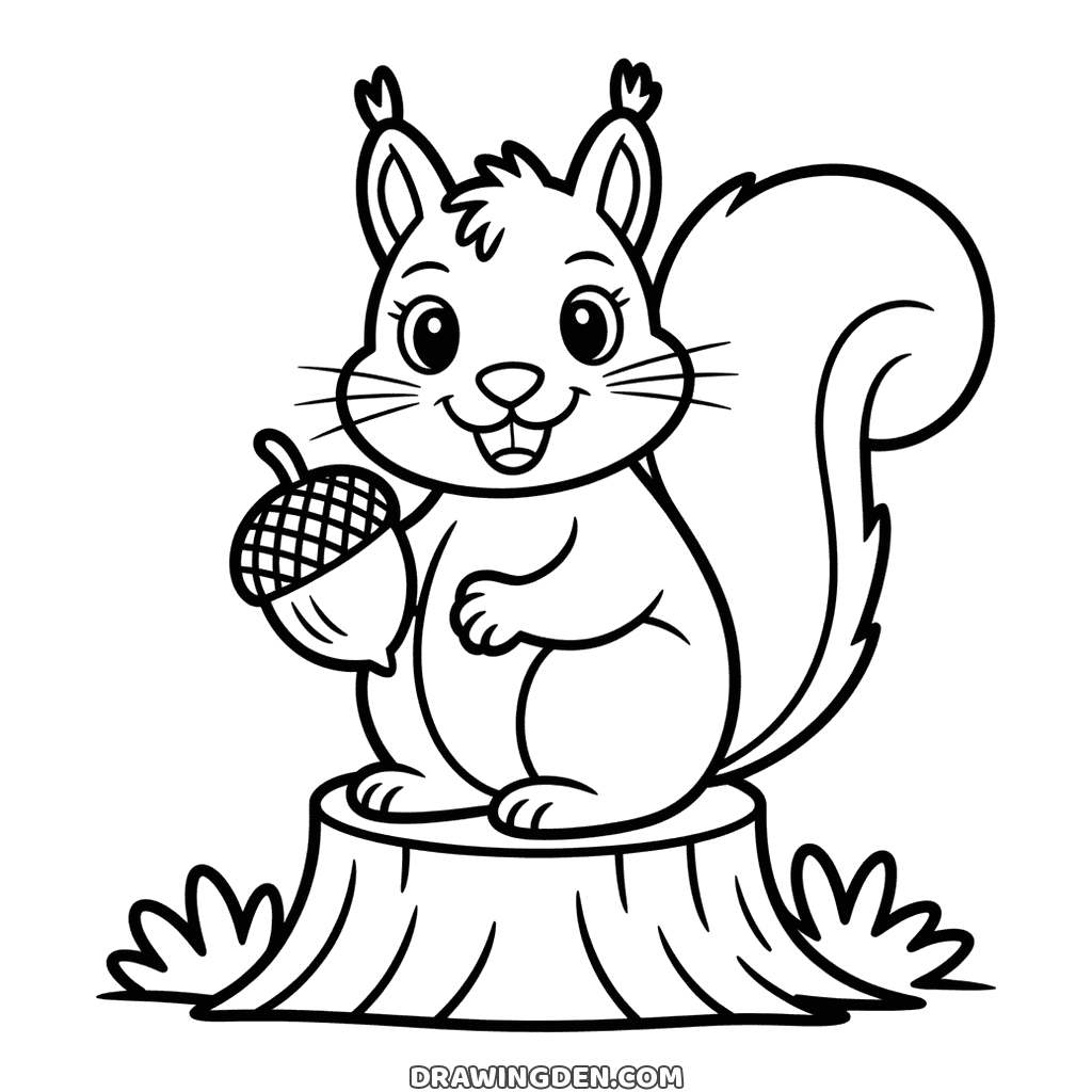 Smiling squirrel standing on a tree stump holding an acorn, tufted ears and bushy tail, autumn grass around